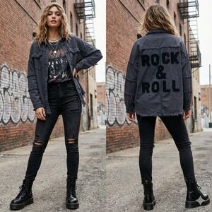 Elan Devan Rock & Roll Distressed Frayed Shacket Shirt Jacket Navy Grunge